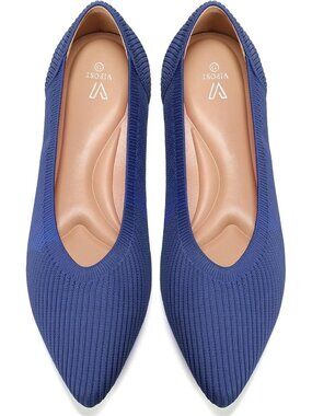 Women's Navy Blue Pointed Toe Comfort Foldable Slip On Knit Ballet Flat Shoes
